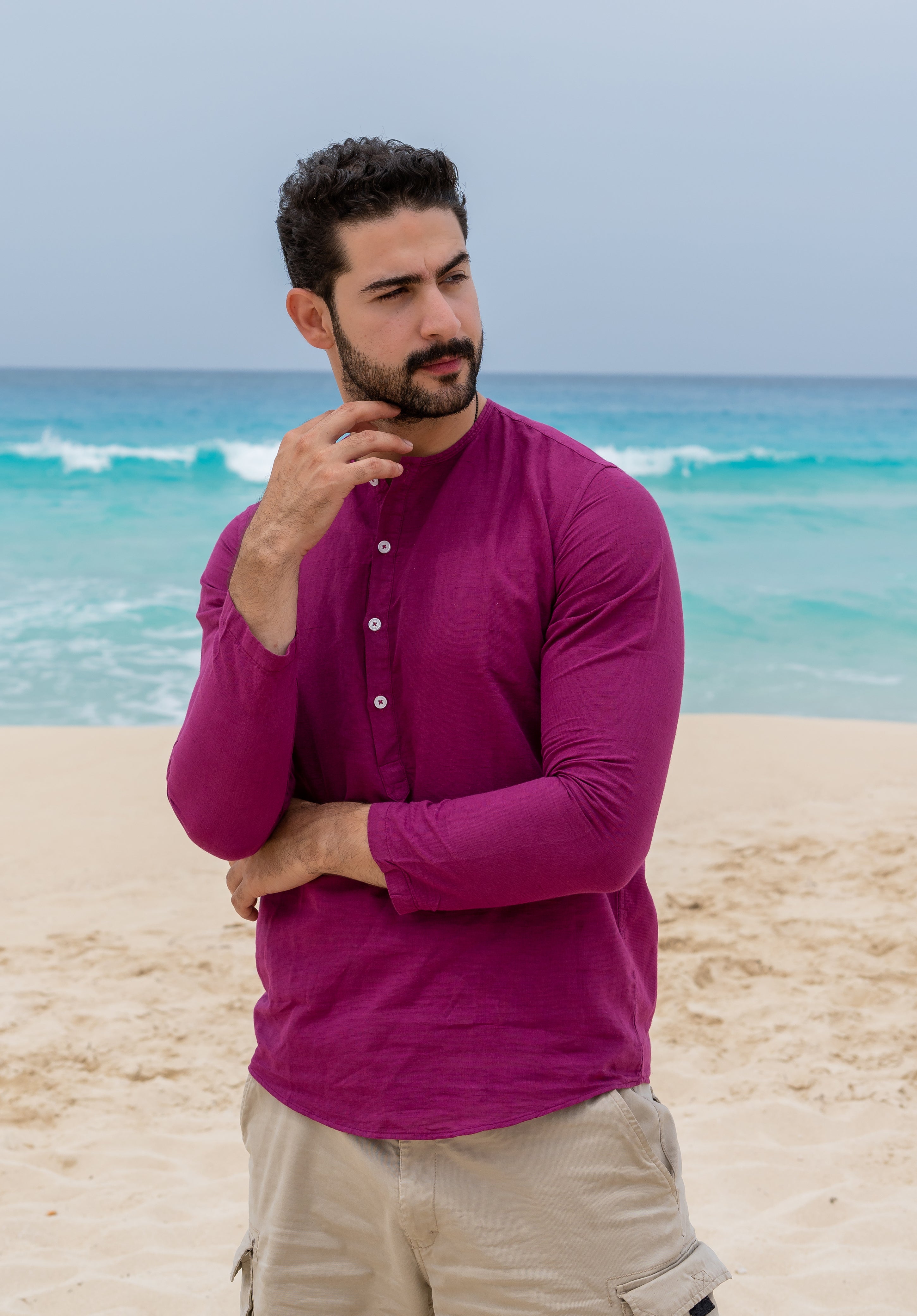 long sleeves plain washed Lenin shirt - slim fit-collarless