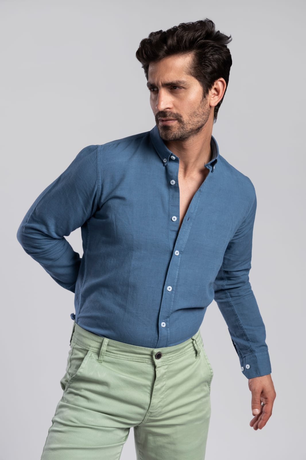 long sleeves plain washed Lenin shirt - slim fit