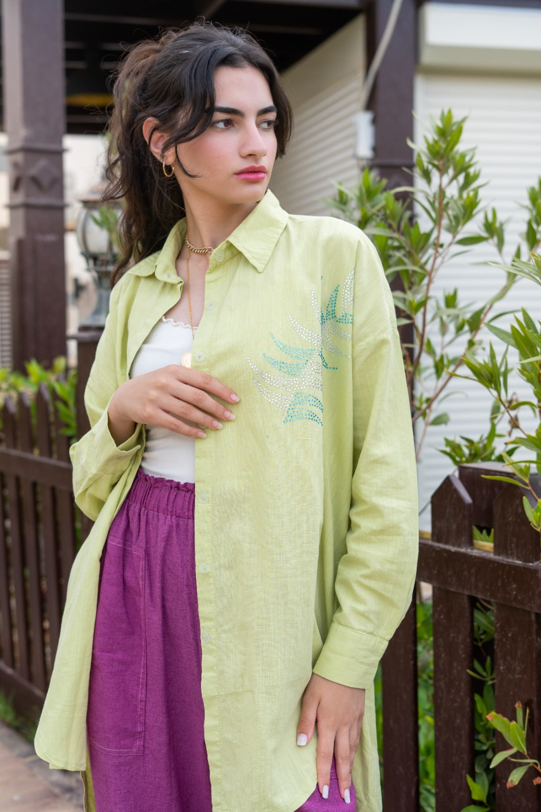 over size washed linen shirt with embellishment