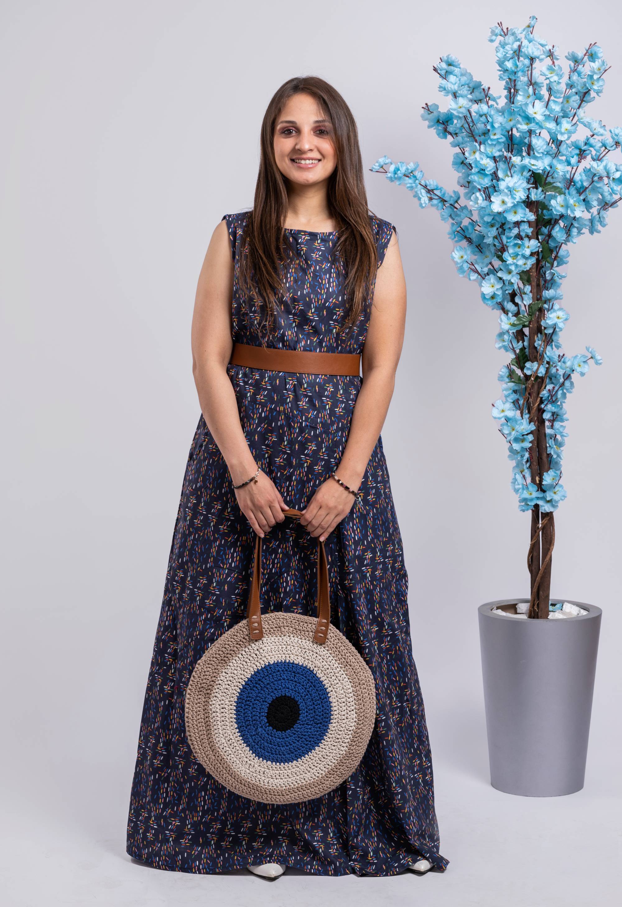 long cotton dress printed dark blue ground